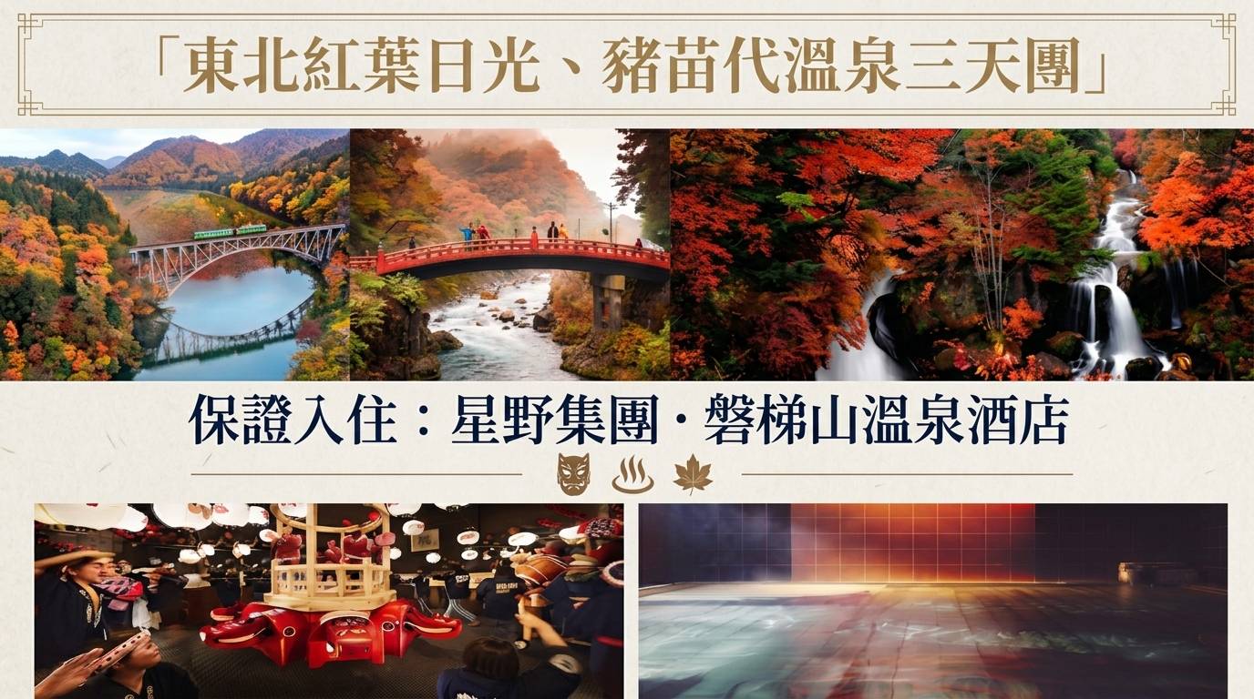 東北紅葉日光、磐梯山溫泉 三天團【保證入住星野集團- 磐梯山溫泉酒店、華嚴瀑布 、日光神橋~ 東照宮、大內宿、第一只見橋、豬苗代湖】(KTT-03A)